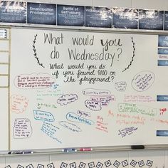 a white board with writing on it in front of a bulletin board that says what would you do wednesday?