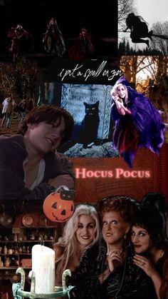 a collage of halloween pictures with witches, cats and pumpkins in the background