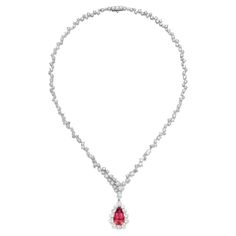 Important spinel and diamond necklace An exquiste red spinel set with white brilliant cut diamonds 18k white gold Teardrop Diamond Necklace, Pear Shaped Diamond Necklace, Spinel Necklace, Pear Shaped Pendant, Blue Sapphire Pendant, Sapphire Necklace Pendants, Red Spinel, White Gold Hoops, Solitaire Pendant Necklace