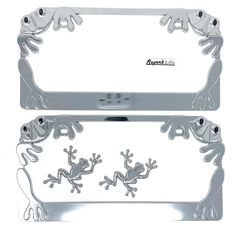 two metal license plates with frog designs on the front and back sides, one is silver