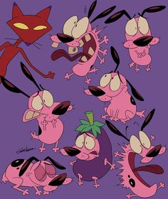 pink cartoon characters with different expressions and hair colors, all in the same group on purple background