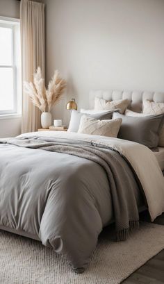 a large bed sitting in a bedroom next to a window with white curtains and pillows