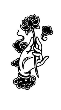 a black and white drawing of a person holding a flower in their hand with clouds behind it