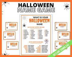 halloween name game for kids with spider and pumpkins on the front, in an orange background