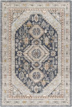 a blue and beige rug with an ornate design