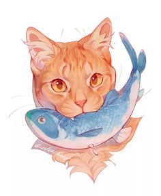 an orange cat sitting on top of two blue fish in front of it's face