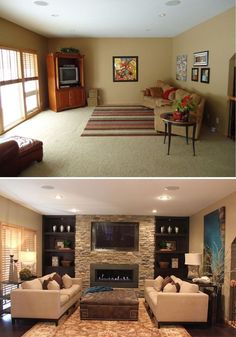 before and after pictures of a living room with couches, tv, fireplace and built - in entertainment center