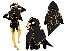 three different silhouettes of people in black and yellow outfits, one is wearing a hoodie