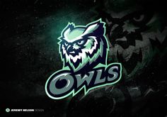 an owl logo with the word owls on it's face in green and black