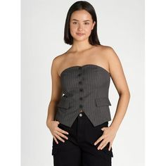 The Madden NYC Juniors Suiting Vest makes a bold statement while ensuring comfort and professionalism. Made in a lightweight woven suiting fabric, this strapless blazer-inspired top features a flattering corset design, a distinctive button-down front, and decorative pocket flaps for a tailored aesthetic. Its smocked back ensures easy, all-day wear. Keep it low-key casual with low-rise jeans or pair it with leather pants for a high-key going out look! Size: M.  Color: Gray.  Gender: female.  Age Fitted Button-up Casual Denim Vest, Trendy Button-up Denim Vest With Snap Buttons, Leather Vest With Button Closure, Leather Sleeveless Vest With Button Closure, Womens Black Belt, Fitted Denim Vest With Button-up Closure, Madden Nyc, Review Clothing, Mens Suit Vest