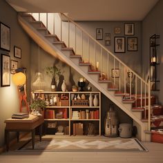 a room with stairs, bookshelves and pictures on the wall next to it