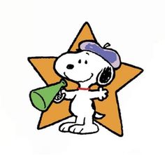 a cartoon dog holding a green bell in front of a star with a hat on it's head