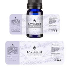 lavender essential oil bottle and label on white background with sample information for lavender essential oil