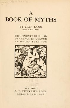 an old book with black and white illustrations on the front cover, titled'a book of myths '