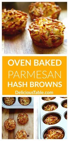 baked parmesan hash browns in muffin tins with text overlay that reads baked parmesan hash browns