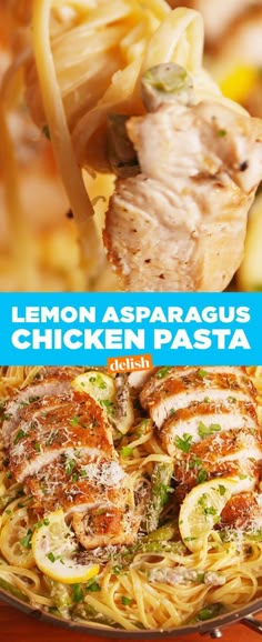 lemon asparagus and chicken pasta on a plate