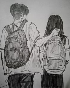 a drawing of two people with backpacks