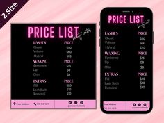 the price list is displayed on an iphone with pink and black stripes in the background