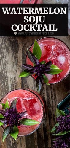 two glasses filled with watermelon sour cocktails on top of a wooden table