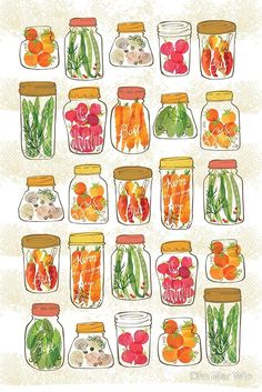 a poster with many jars filled with different types of vegetables and fruits in them, all labeled preserve & pickle