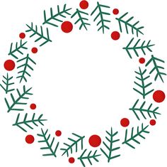 a christmas wreath with red balls and green branches on white background, in the shape of a snowflake