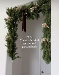 two christmas wreaths hanging on the wall with words above them that read pov you try the virtual renovation red garland back