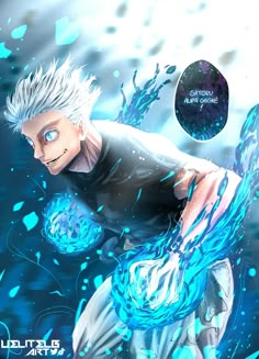 an anime character with white hair and blue eyes is in the air, surrounded by water