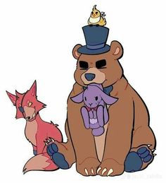 an image of a bear holding a teddy bear and another animal that is wearing a top hat