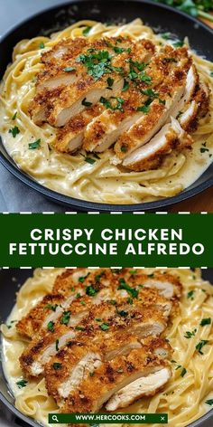 two pictures of chicken fettuccine alfredo with parsley on top