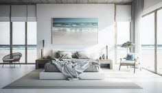 a bedroom with a large painting on the wall