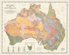 an old map of australia with the land and major cities in different colors on it