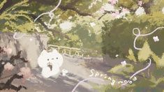 a painting of a white cat sitting on the side of a road next to trees