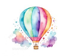 Hot Air Balloon Wall Art, Disney Watercolor Easy, Watercolour Hot Air Balloon, Watercolor Projects For Kids, Watercolor For Kids, Air Balloon Watercolor, Watercolor Hot Air Balloon, Hot Air Balloon Drawing, Hot Air Balloon Art