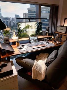 Find this beautiful cozy work set up at home.  Elegant.  Save 📌 it.  #elegant #workathome #workstation #cozy #men #setup #work #viralpost #viralpins #foryoupage Apple Desk Setup Aesthetic, Cyberpunk Office Interior, Gaming Apartment, Tech Desk Setup, Trading Setup, Mens Bedroom Decor, Trading Desk, Desk Layout