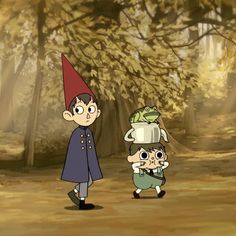 an animated image of two people in the woods, one with a pot on his head