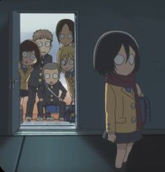 the cartoon characters are standing in front of an open door