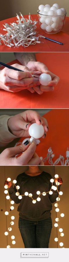 three different pictures showing the process of making chandelier lights from plastic balls and paper machs