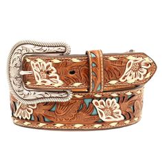 Women's Brown Belt with Floral Overlay Women's Western Clothing, Country Belt Buckles, Country Belts, Cute Cowgirl Boots, Nocona Belt, Rodeo Belt Buckles, Turquoise Belt, Tooled Leather Belts, Country Style Outfits