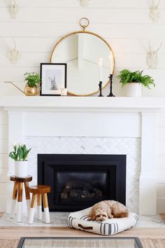 a dog laying on a pillow in front of a fire place with a mirror above it