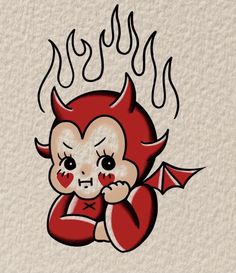 a drawing of a demon with red eyes and horns on it's head, sitting in front of a white background