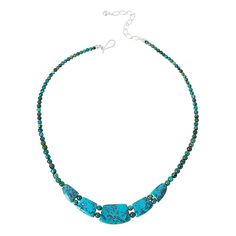 Jay King Sterling Silver Azure Peaks Turquoise 18" Necklace  The Azure Peaks Mongolian turquoise stones in this beaded necklace boast a beautiful blue-green color that's perfect for pairing with day or evening outfits. From Jay King.        Approx. 18"L x 11/16"W with 2-3/4" extender     Stamped .925     Hook closure     Necklace drape has five freeform turquoise stations strung together     Round turquoise beads complete necklace   Stone Information       All sizes and weights approximate     S Hand-strung Blue Turquoise Chrysocolla Necklace, Hand-strung Chrysocolla Turquoise Necklace, Blue Single Strand Turquoise Necklace With Chrysocolla, Single Strand Turquoise Chrysocolla Necklace, Blue Turquoise Chrysocolla Necklace Single Strand, Turquoise Chrysocolla Gemstone Beads Necklace, Necklace Stone, Color Bands, Turquoise Stones