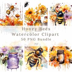 the watercolor clipart bundle includes bees, honey jars and sunflowers