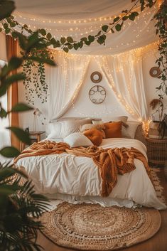 a bedroom with white bedding and lots of greenery