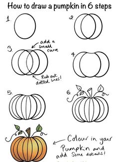 how to draw pumpkins in 6 steps with pictures on the front and back side