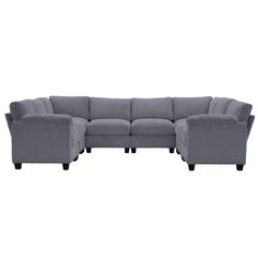 a gray sectional couch with two ottomans and one end facing the sofa, on an isolated white background