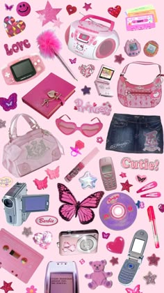 there are many different items on this pink background, including cell phones and purses