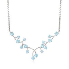 Ross-Simons - 6.90ct t. w. Sky Blue Topaz Vine Necklace in Silver. 18". On this unique necklace, 6.90 ct. t. w. sky blue topaz rounds garnish the tips of a sterling silver vine design. Emitting an angelic blue hue, the dispersed placement of the gems evokes a distinct elegance that will elevate all of your ensembles. Suspends from a rolo chain. Lobster clasp, sky blue topaz vine necklace. Blue Topaz birthstones are the perfect gift for December birthdays. Elegant Light Blue Topaz Necklaces, Elegant Light Blue Topaz Necklace, Fine Jewelry Aquamarine Light Blue Necklace, Fine Jewelry Light Blue Aquamarine Necklace, Light Blue Aquamarine Necklace Fine Jewelry, Formal Light Blue Aquamarine Necklace, Light Blue Fine Jewelry Necklace For Formal Events, Light Blue Fine Jewelry Necklace For Formal Occasions, Formal Light Blue Diamond Necklace