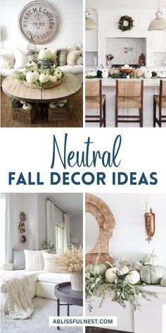 neutral fall decor ideas with white pumpkins and greenery