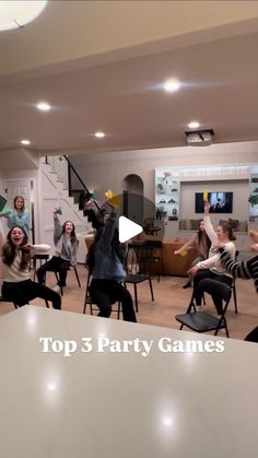 a group of people in a living room with the words top 3 party games