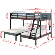 bunk beds with stairs and mattresses are shown in the diagram for each bed size